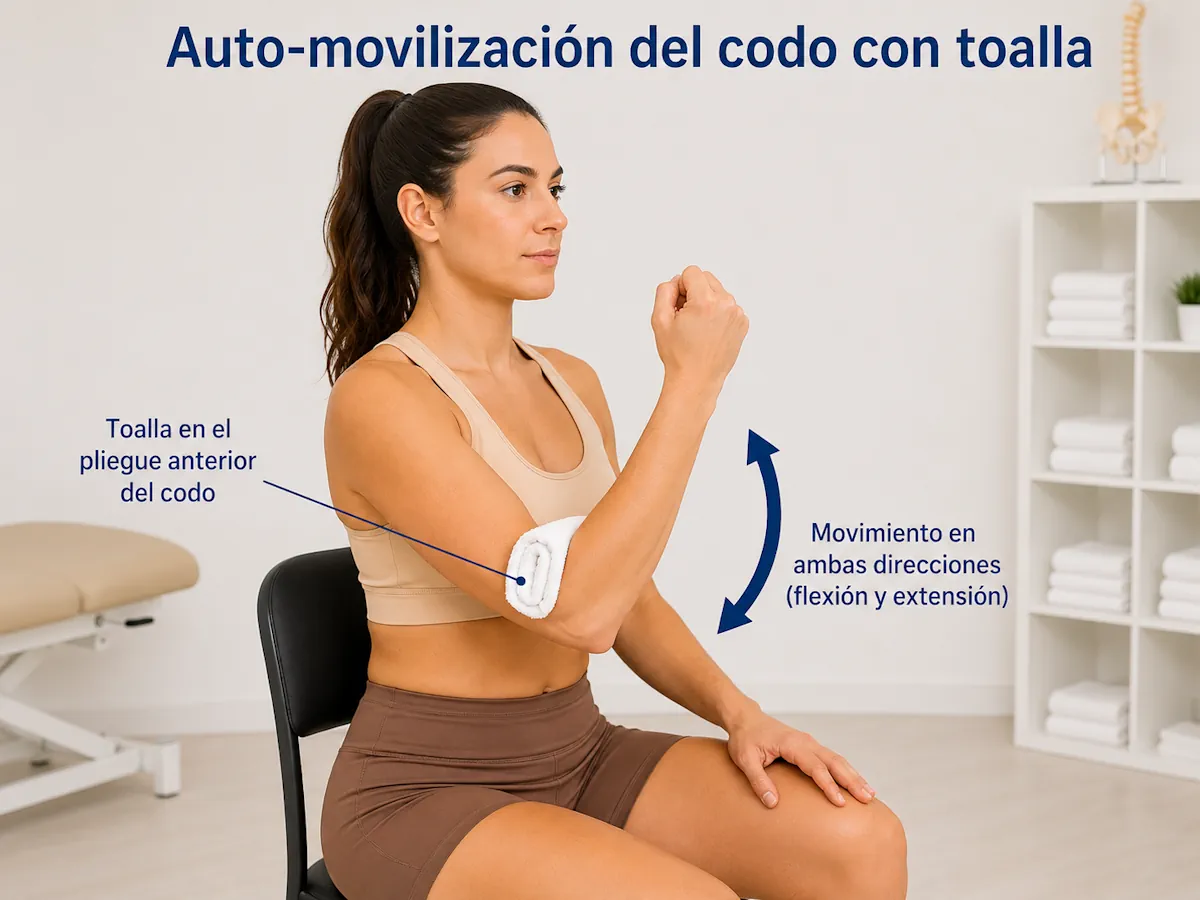 Auto-movilización del codo con una toalla colocada en el pliegue anterior