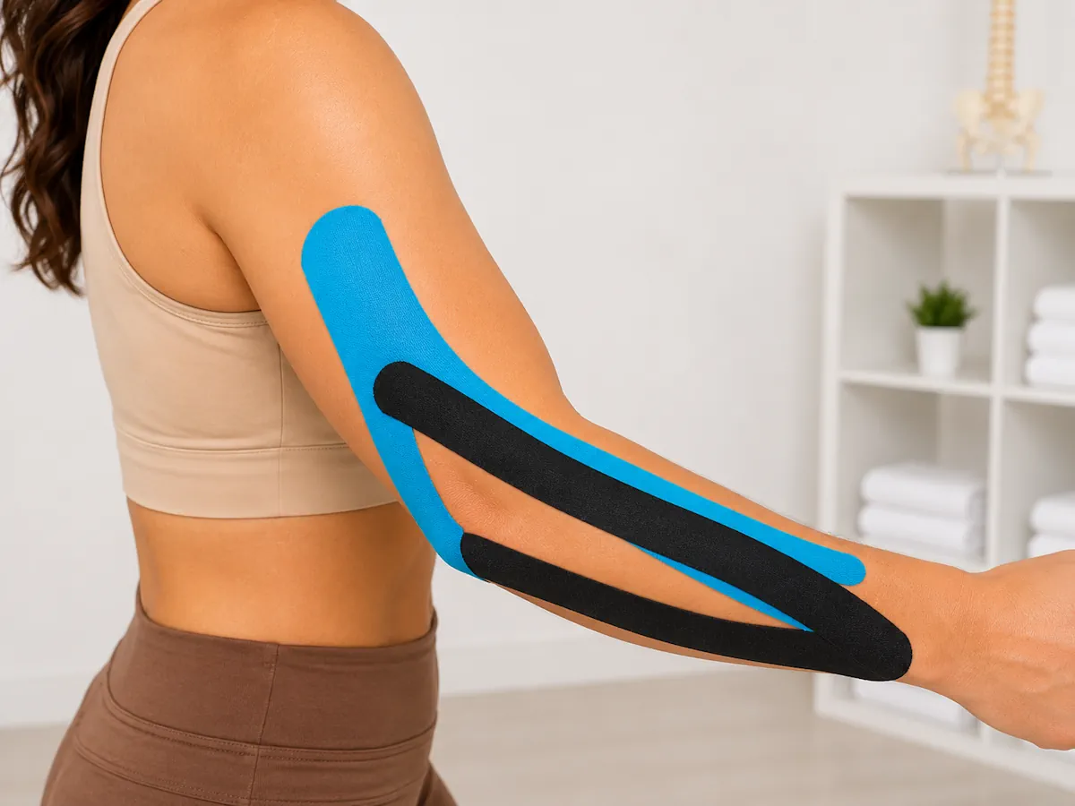 Vendaje neuromuscular colocado sobre el codo y el antebrazo