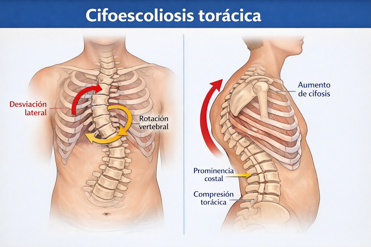 Esquema de cifoescoliosis torácica con desviación lateral, rotación vertebral e hipercifosis