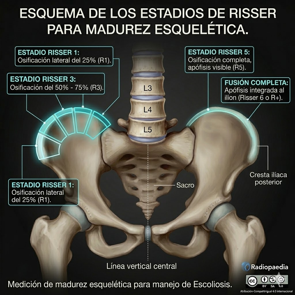 Esquema de los estadios de Risser en la cresta ilíaca