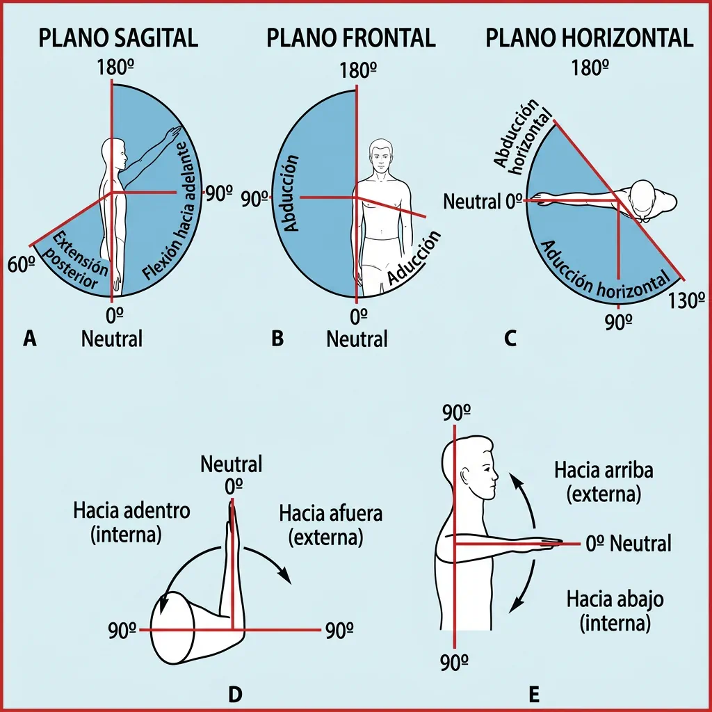 Movimientos básicos del hombro en los planos sagital, frontal y horizontal