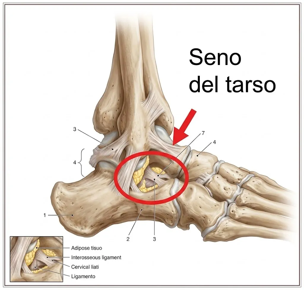 Anatomía lateral del seno del tarso entre astrágalo y calcáneo