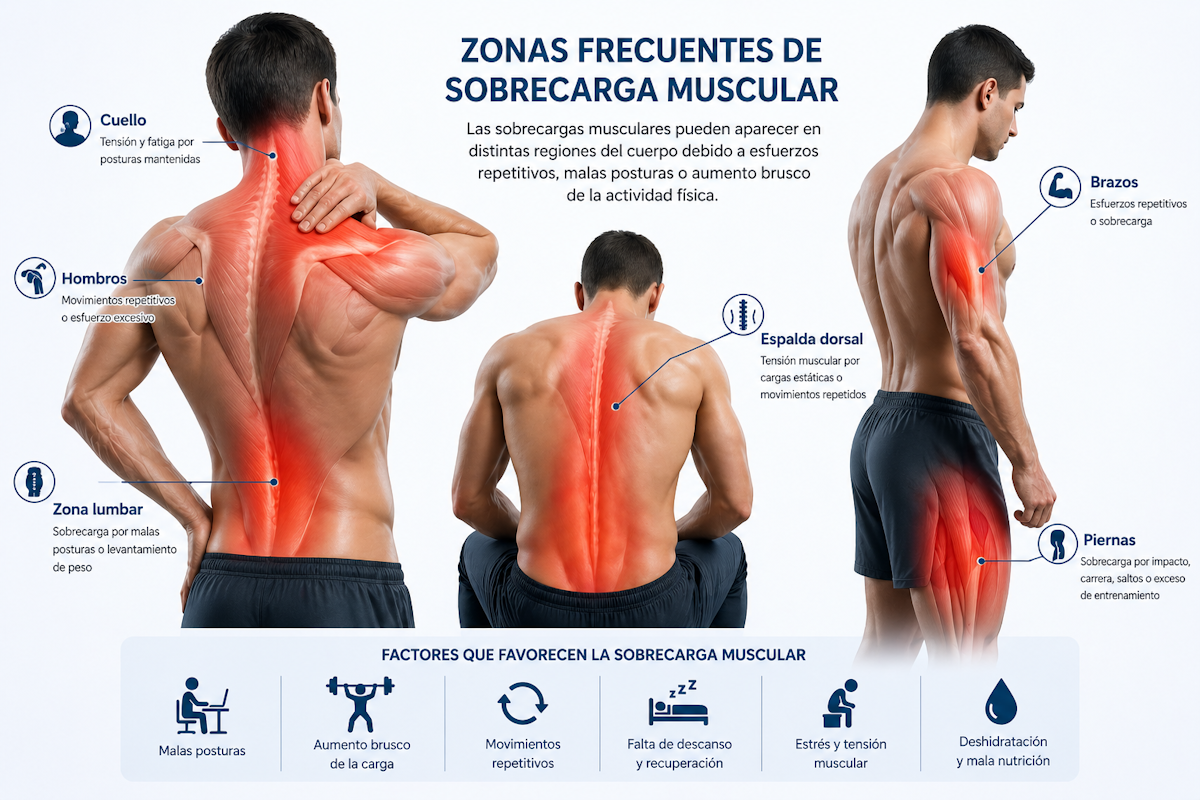 Zonas frecuentes de sobrecarga muscular en cuello, hombros y espalda