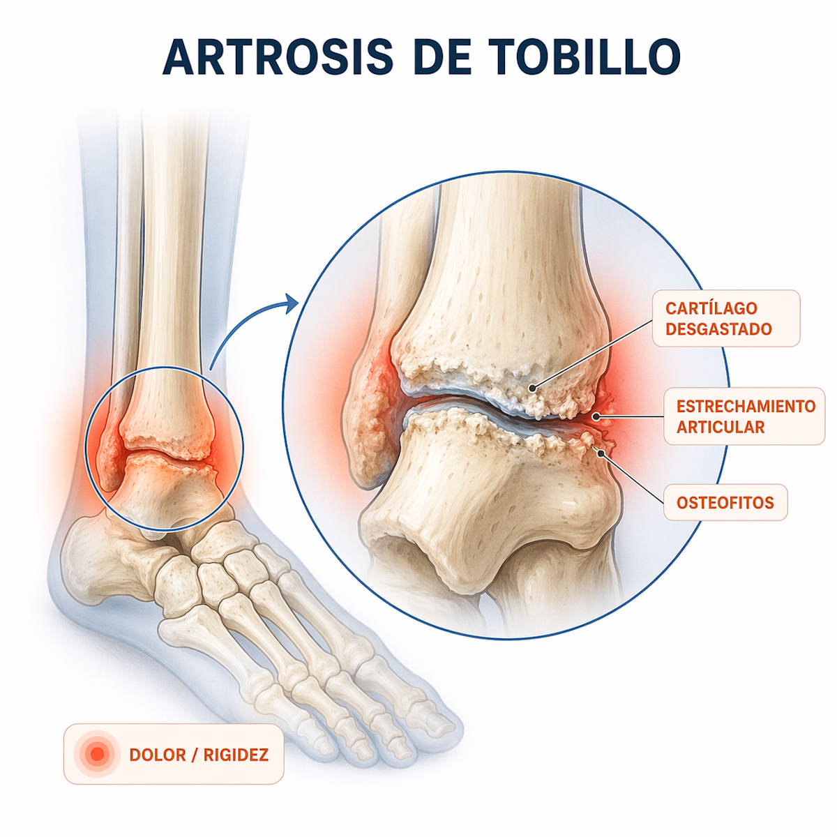 Artrosis de tobillo con desgaste progresivo del cartílago articular