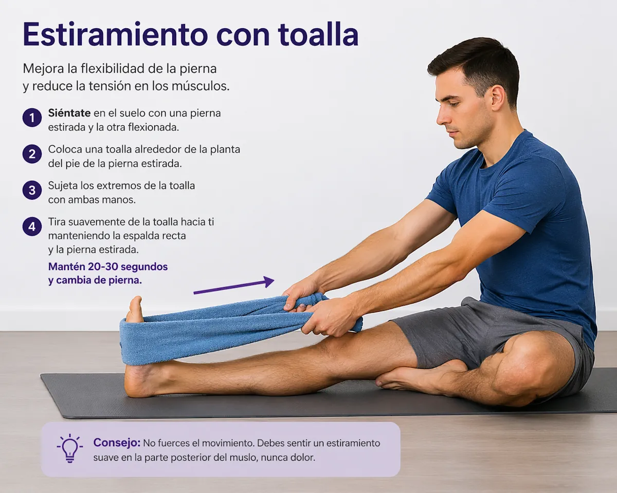 Estiramiento de fascia plantar con toalla