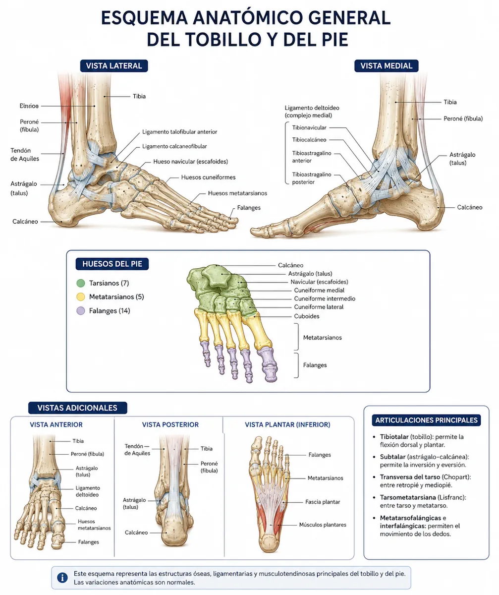 Anatomía del tobillo y pie con sus principales huesos y articulaciones