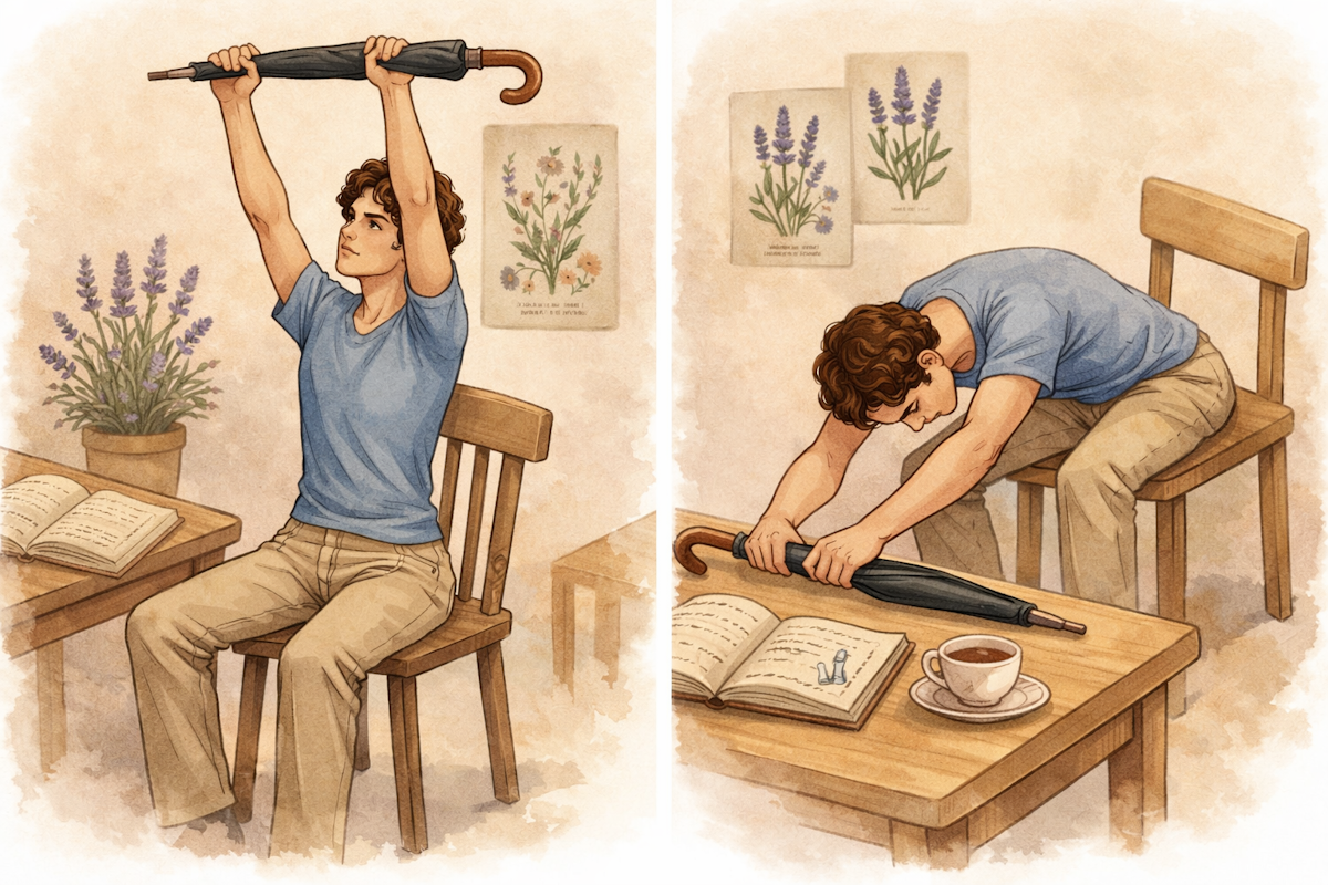 Ejercicio para la columna lumbar de pie junto a una mesa
