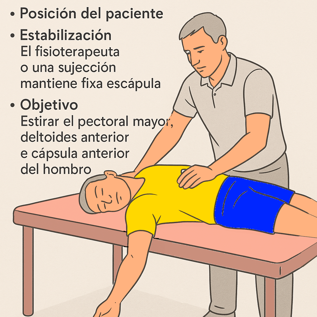 Estiramiento en mesa con brazo fuera del plano y escápula estabilizada