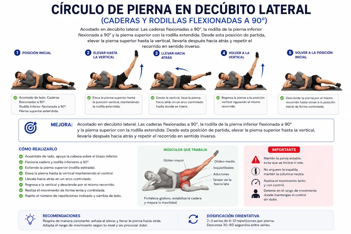 Elevación vertical de la pierna superior con paso hacia atrás