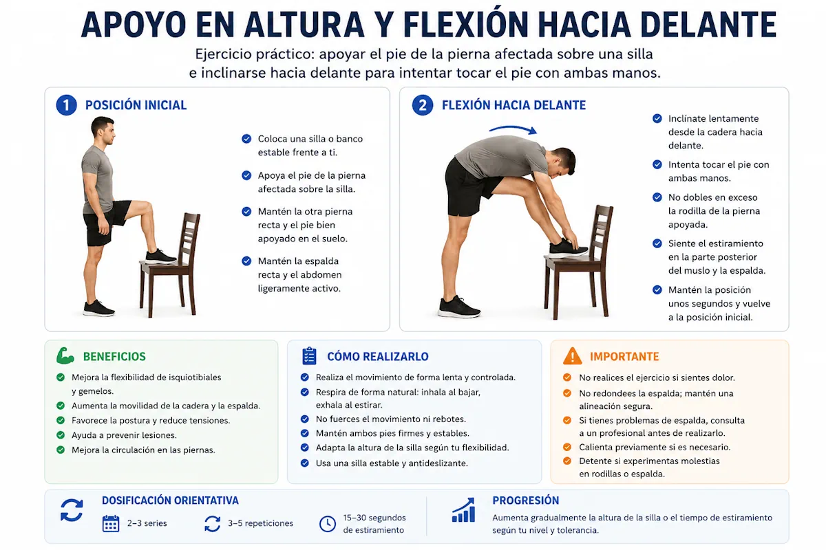 Apoyo del pie en una silla para tocar el pie con las manos