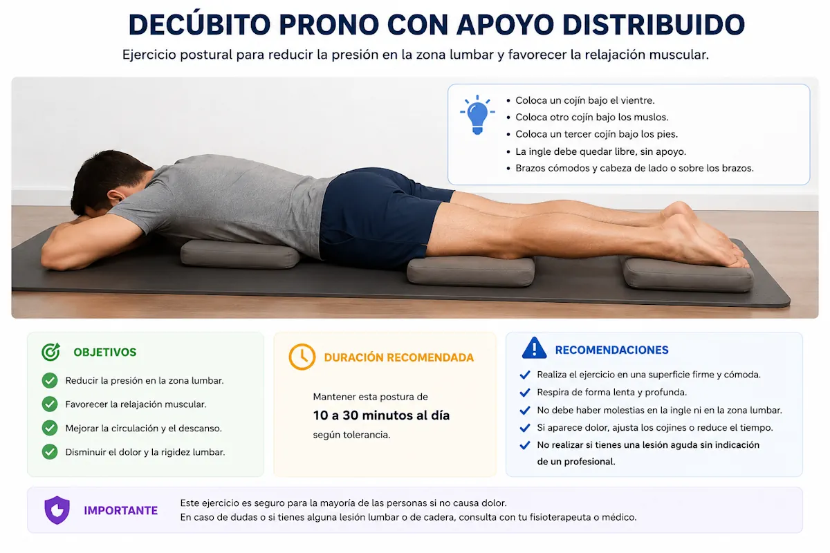 Postura en decúbito prono con cojines para favorecer extensión de cadera