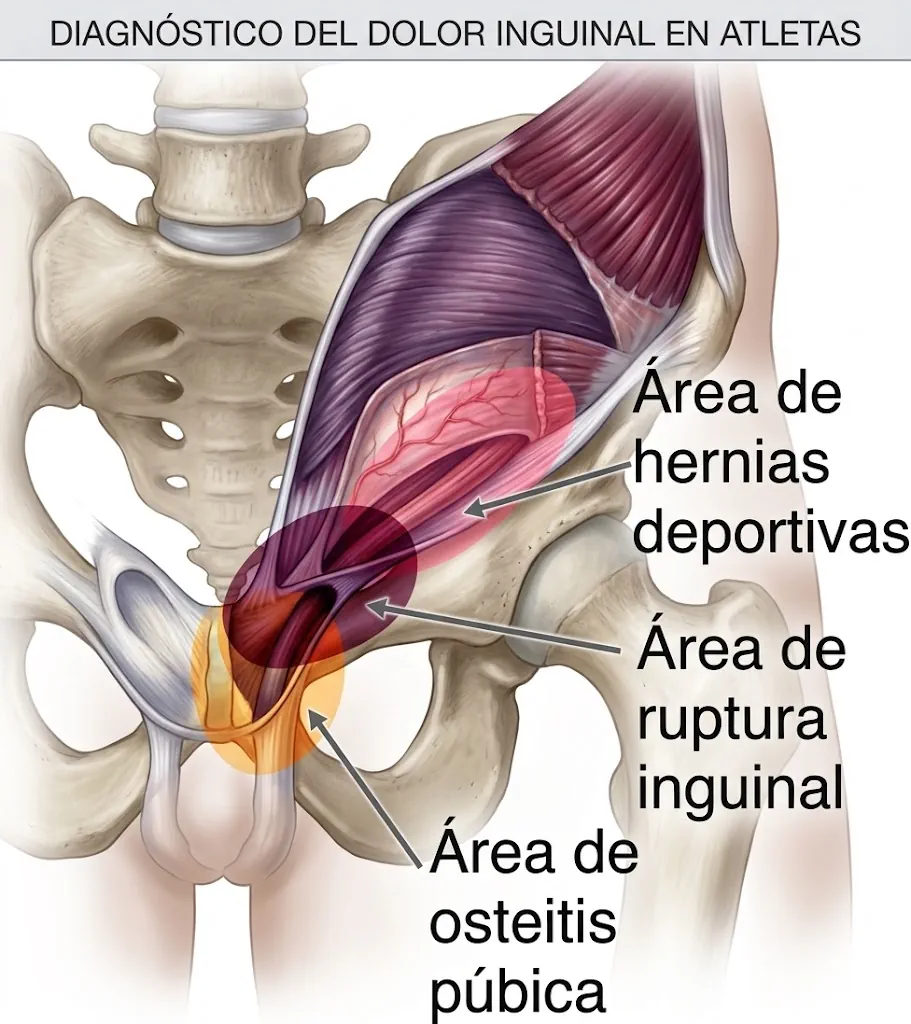 Áreas relacionadas con hernia deportiva, ingle y osteítis del pubis
