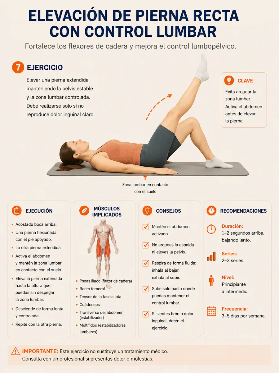Elevación de pierna recta con control lumbar