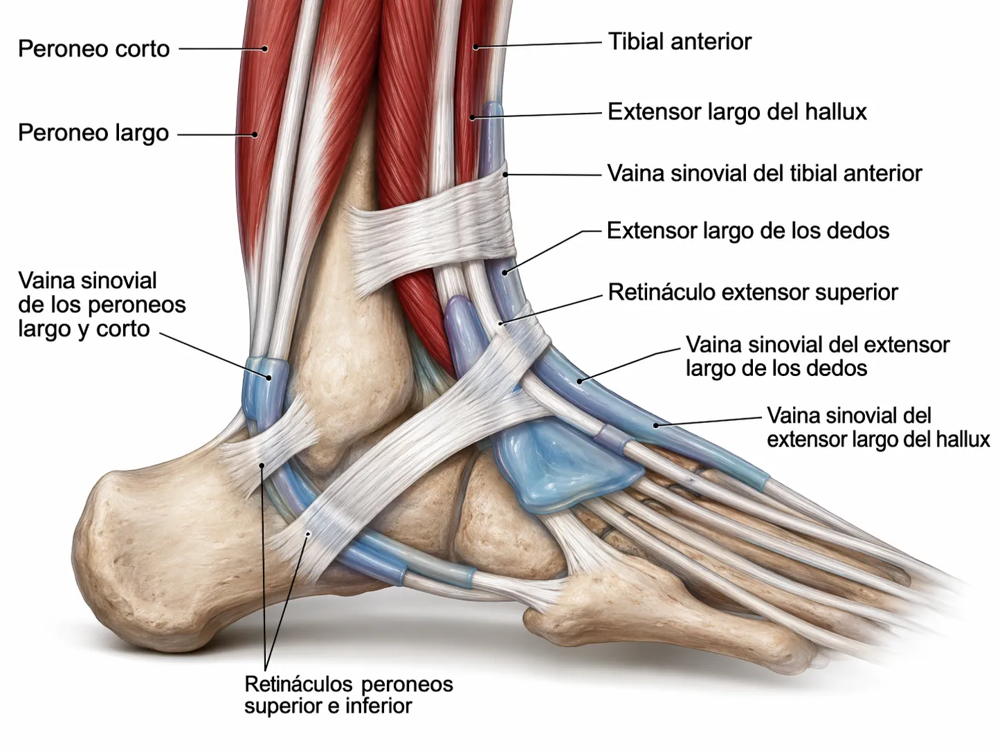 Anatomía lateral del tobillo y trayecto de los peroneos