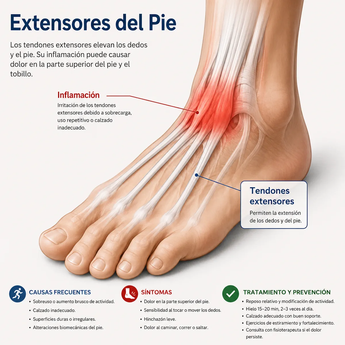 Recorrido de los tendones extensores por el dorso del pie